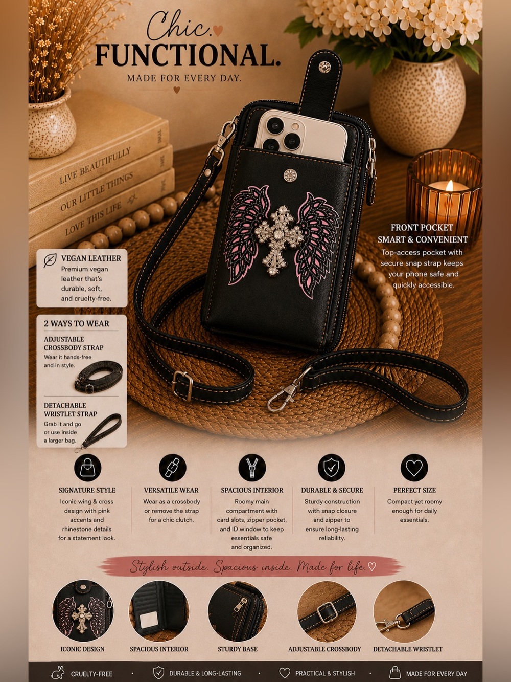Black Vegan Leather Crossbody Phone Pouch Winged Crystal Cross Accent Wristband